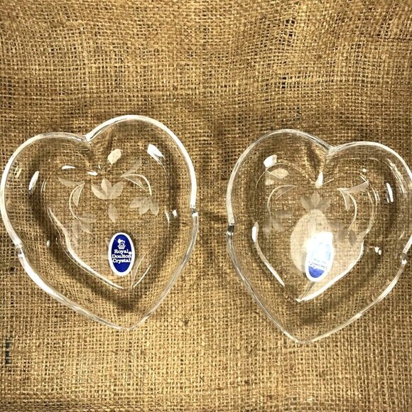 Royal Doulton Crystal Heart Trinket Dishes Etched Floral Dishes Set of 2 - Picture 4 of 7